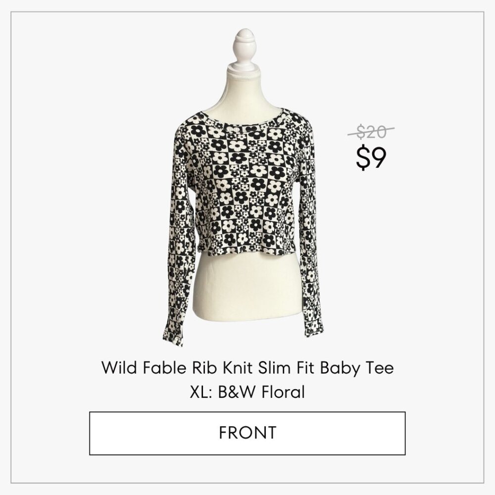 Wild Fable Rib Knit Slim Fit Baby Tee XL: B&W Floral